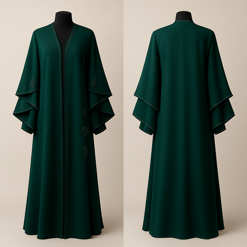 The Luxury Double-Sleeve Abaya
Tone: Deep Emerald Design: Layered double-sleeve with stone outlines and a few floral appliqués. Why it will sell: Double-sleeve designs trend every year sophisticated and instantly attractive.
