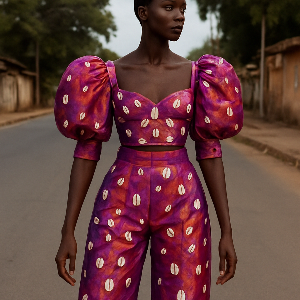 Create one of a kind top and pant that looks like a cowrie made from taffeta fabric with iridescent touches and design with a colorful two tone chiffon with designs of small and large real white cowries for high end fashionista that will give it a sophisticated and gorgeous look on a real human dark skin modeling it on the roadside of a street in Africa.
Create one of a kind top and pant that looks like a cowrie made from taffeta fabric with iridescent touches and design with a colorful two tone chiffon with designs of small and large real white cowries for high end fashionista that will give it a sophisticated and gorgeous look on a real human dark skin modeling it on the roadside of a street in Africa., classic style