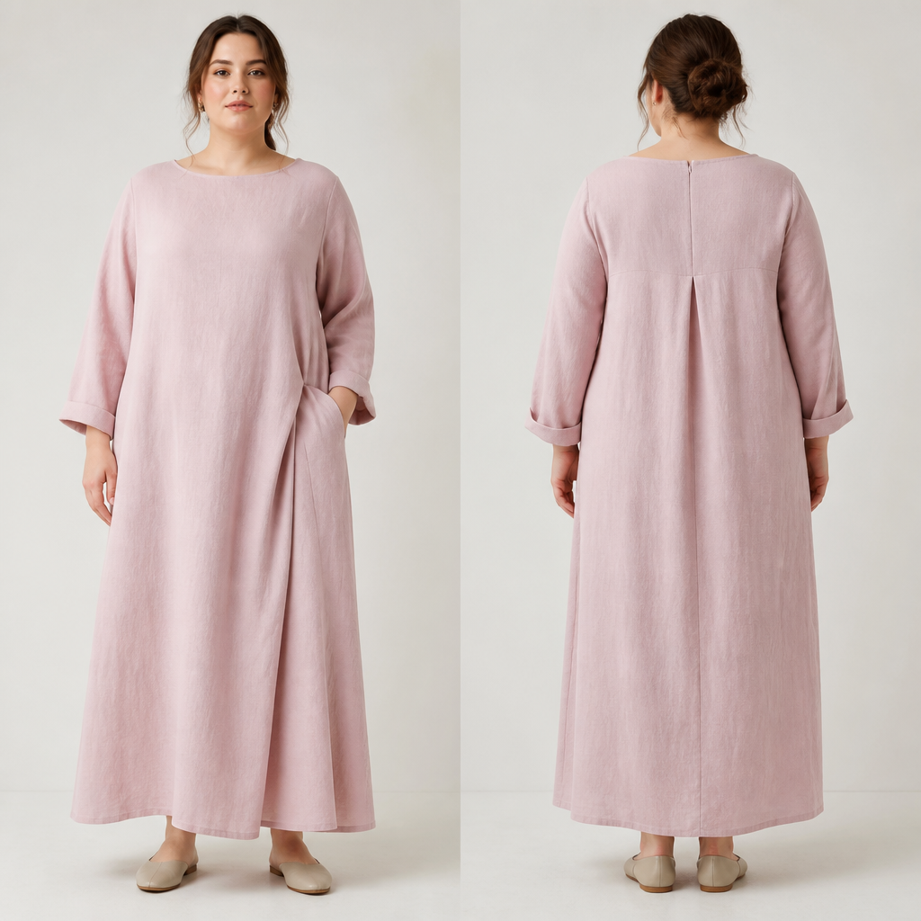 A Female fashion design, made of Linen, with a soft, cosy hand, with a Relaxed silhouette, with modest, full coverage: longer hemlines, higher necklines and covered shoulders, in a Pastels color palette, suitable for Spring, suited to a Temperate climate, in Minimalist style, shown on a model with light skin and a plus-size figure Present it as professional fashion catalogue photography: the garment is the subject, shown full-length with editorial styling, neutral posing and tasteful, non-suggestive framing.
photorealistic fashion design, A Female fashion design, made of Linen, with a soft, cosy hand, with a Relaxed silhouette, with modest, full coverage: longer hemlines, higher necklines and covered shoulders, in a Pastels color palette, suitable for Spring, suited to a Temperate climate, in Minimalist style, shown on a model with light skin and a plus-size figure Present it as professional fashion catalogue photography: the garment is the subject, shown full-length with editorial styling, neutral posing and tasteful, non-suggestive framing., minimalist style, just the design no text, show front and back