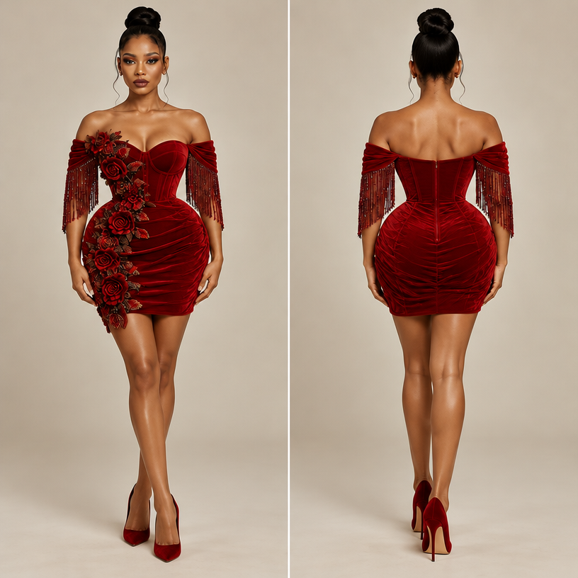It is an exaggerated hip short gown
edit the attached fashion design with these instructions: It is an exaggerated hip short gown. keep it photorealistic, just the design no text