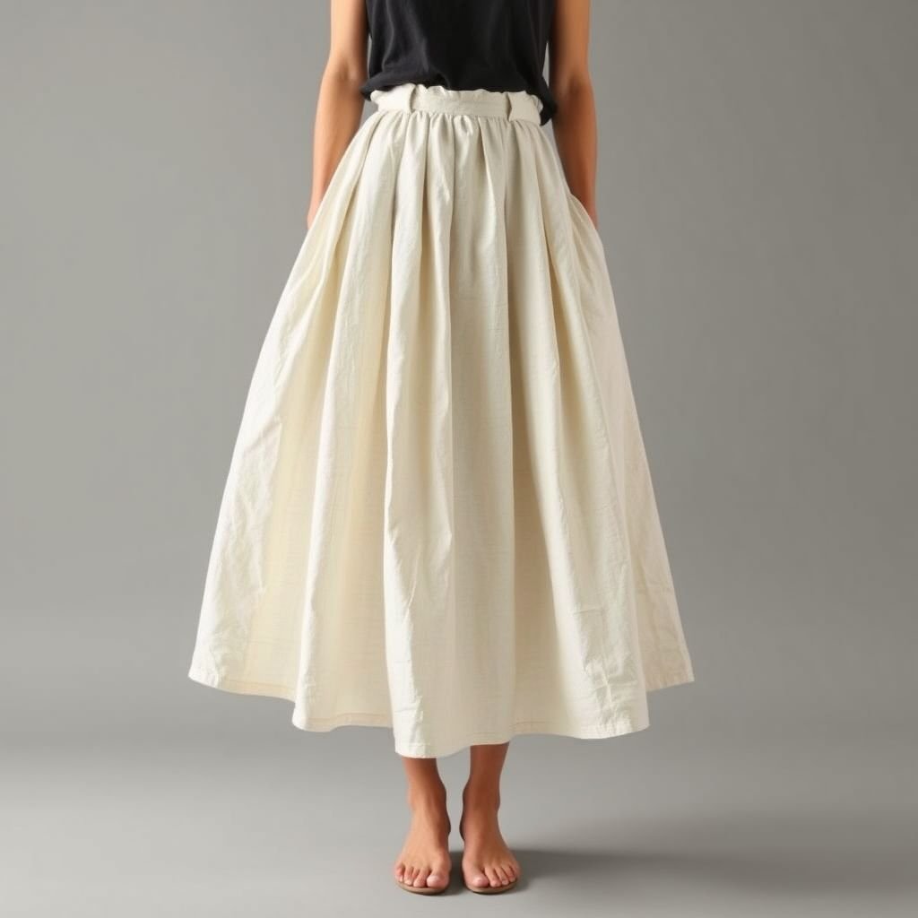 חצאית כותנה גרסה יוונית פשוטה מפשתן
Design a simple, elegant Greek-inspired skirt crafted from lightweight cotton-linen blend. Emphasize clean lines and effortless silhouettes, featuring a high waist and subtle pleats. The color palette should involve soft neutrals, allowing for versatility. Accentuate the minimalist approach by ensuring the garment has no excessive embellishments, focusing on form and texture.