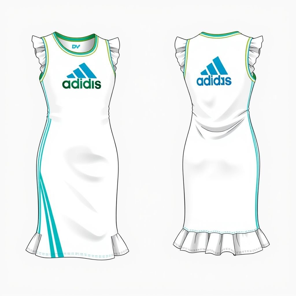 Make me a sporty dress that resembles addidas, but add a different logo, for my brand called “Da’Vine”except add “DV” on it, put 2 stripes and make stretchy and add a little ruffles. The skirt should also look like a tennis dress. Do a lime green and light blue with white
Design an energetic sporty dress inspired by Adidas, featuring the “DV” logo prominently. Incorporate two sleek stripes down the sides for a dynamic look. The fabric should be stretchy for comfort, enhanced with playful ruffles for style. Color the dress in vibrant lime green and light blue accents against a crisp white base, evoking a fresh, athletic vibe, perfect for active wear or casual outings. The skirt should echo a classic tennis dress silhouette, blending functionality with chicness effortlessly.