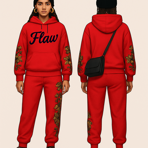Red jogging suit hoodie with bold words Flaw in abbreviation on it in Black in cursive braids gold hoop earrings and gold bracelet flowers on the sleeves and pants Black cross body purse and black nike shoes a black beanie saying F