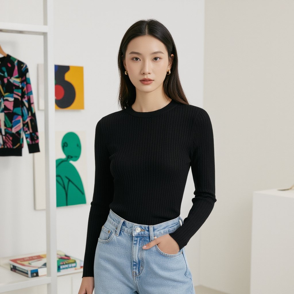 Long hand with black color
Long-sleeved black knit top with a crew neck.