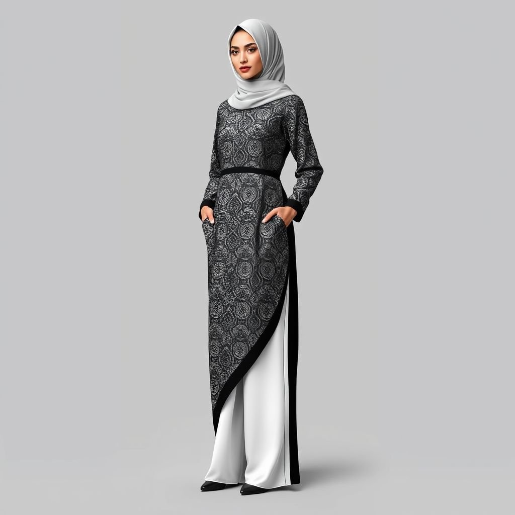 Abaya that has pocket that is black and white trouser with flowy hijab
Design a sophisticated formal abaya, crafted from luxurious silk, featuring intricate black and white geometric patterns. Incorporate elegant side pockets for practicality, paired with tailored black and white trousers that flow gracefully. Complete the look with a stylish, lightweight hijab that drapes elegantly, creating a refined silhouette perfect for any formal occasion.