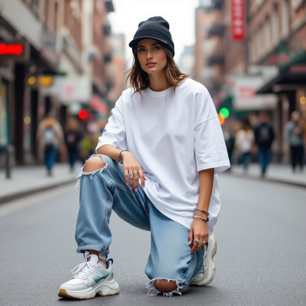 A street regular wear
Streetwear fashion: A comfy oversized cotton tee, distressed denim jeans, and chunky sneakers. Top it off with a casual beanie or a baseball cap for an effortless streetwear look.