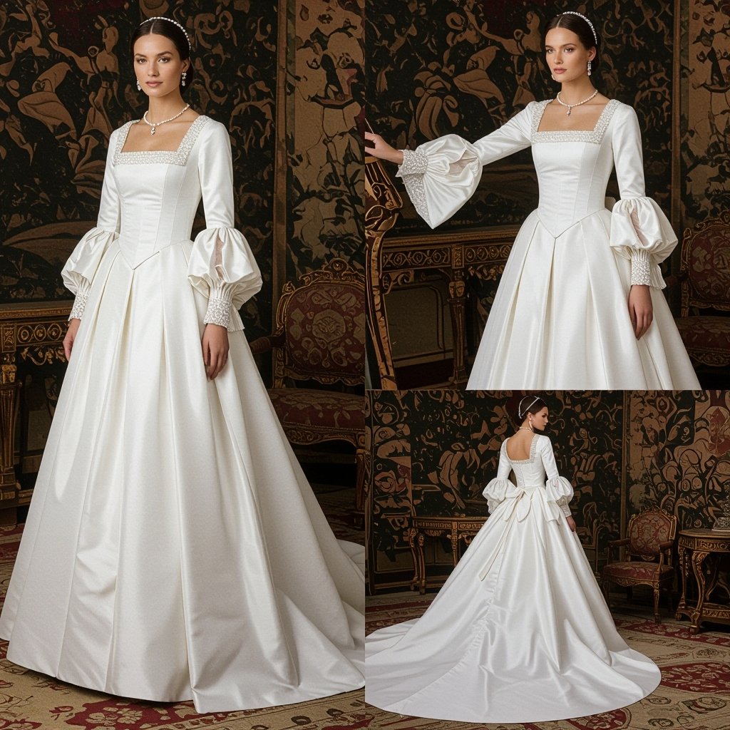 Queen Jane Seymour inspired wedding dress
Traditional fashion: Queen Jane Seymour inspired wedding dress, featuring a fitted bodice, long full skirt, square neckline, and long sleeves with pleated cuffs. Made from heavy white silk with pearl trim.