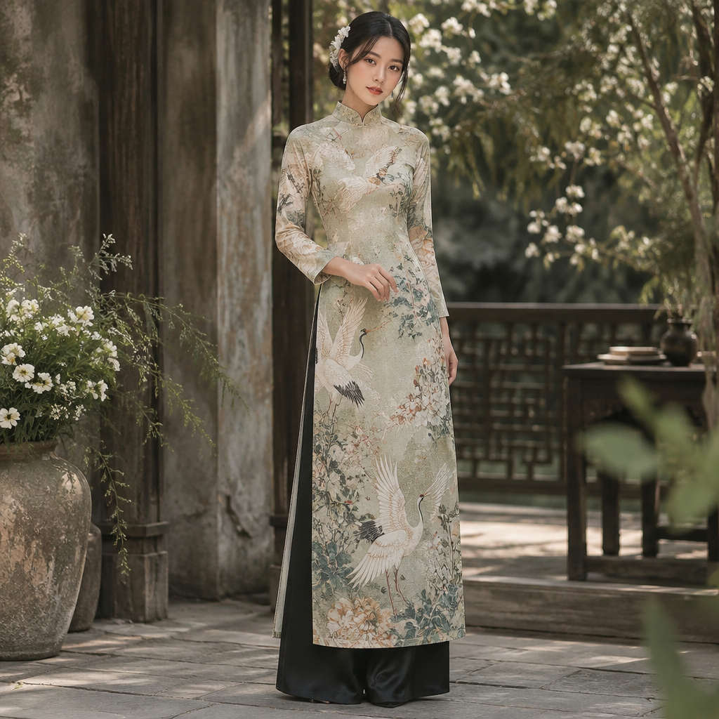 A Ao Dai design, in Cottagecore style. hoạ tiết chim hạc. quần trong màu đen. Vietnam fashion aesthetics. Present it as professional fashion catalogue photography: the garment is the subject, shown full-length with editorial styling, neutral posing and tasteful, non-suggestive framing.
photorealistic fashion design, A Ao Dai design, in Cottagecore style. hoạ tiết chim hạc. quần trong màu đen. Vietnam fashion aesthetics. Present it as professional fashion catalogue photography: the garment is the subject, shown full-length with editorial styling, neutral posing and tasteful, non-suggestive framing., cottagecore style, just the design no text