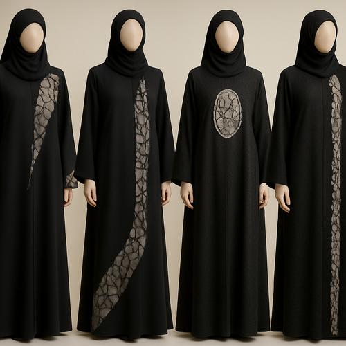 Create a modest abaya that's the first of its kind, featuring a unique stone design that exudes a classy and sophisticated vibe. I'd like four designs, each showcasing different styles and fabrics.
Incorporate high-end, unique chic stone designs to make them truly special. Add a little sophisticated stone work to it.