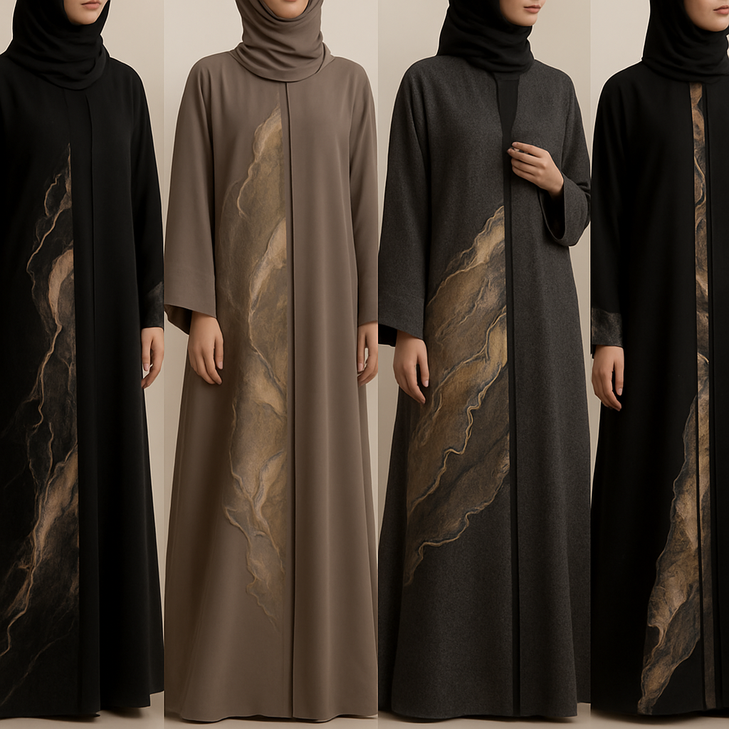 Create a modest abaya, the first of its kind, featuring a unique stone design that exudes a classy and sophisticated vibe. I'd like four designs, each showcasing different styles and fabrics. Incorporate high-end, unique chic stone designs to make them truly special. Add little sophisticated stone designs. Make it irresistible for customers 

Create a modest abaya, the first of its kind, featuring a unique stone design that exudes a classy and sophisticated vibe. I'd like four designs, each showcasing different styles and fabrics. Incorporate high-end, unique chic stone designs to make them truly special. Add little sophisticated stone designs. Make it irresistible for customers 
