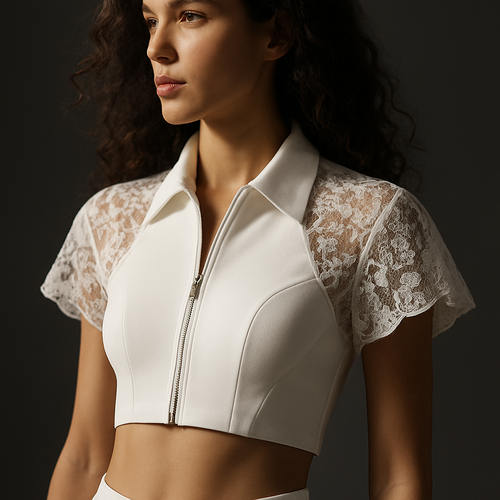 High-end white cropped sports jacket top with shirt collar, short butterfly sleeves, and semi-open zipper. Transparent lace panels along the shoulders and upper arms create a couture contrast with matte sculpting fabric. Sophisticated and sensual, combining elegance with motion. Model: 32 years old, 170cm, 58kg, long curly hair. Luxury editorial lighting, focus on material layering and silhouette balance, ultra-detailed 8K, Lauren Secret modern couture sport.”