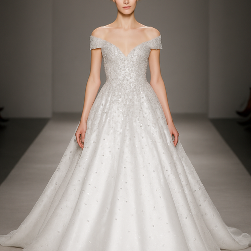 Realistic fashion runway promotion pictures of a white gown with diamond embellishments 
