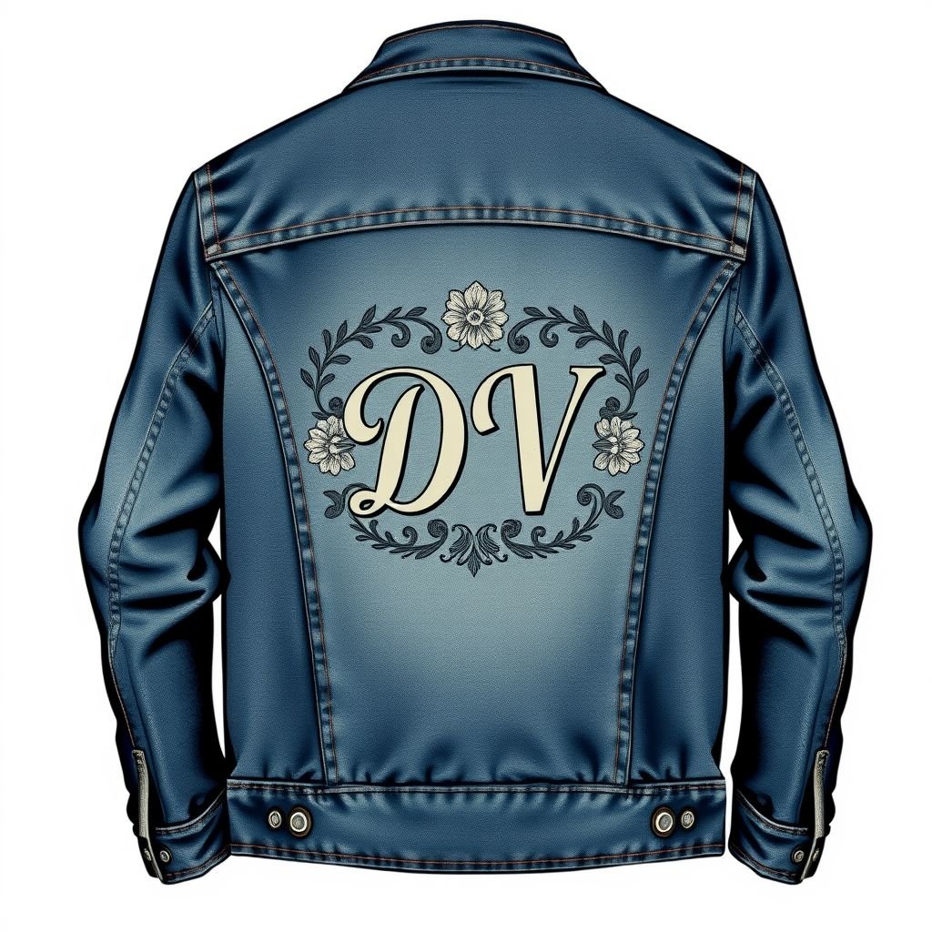 Men’s Jean jacket . Put “DV” somewhere on it.
Design a vintage-inspired men’s denim jacket, featuring a faded indigo wash and distressed detailing for a worn-in feel. Adorn the back with intricate embroidery of “DV” in a classic cursive font, surrounded by retro floral motifs. Incorporate large patch pockets and contrasting stitching for an authentic, timeless appeal.