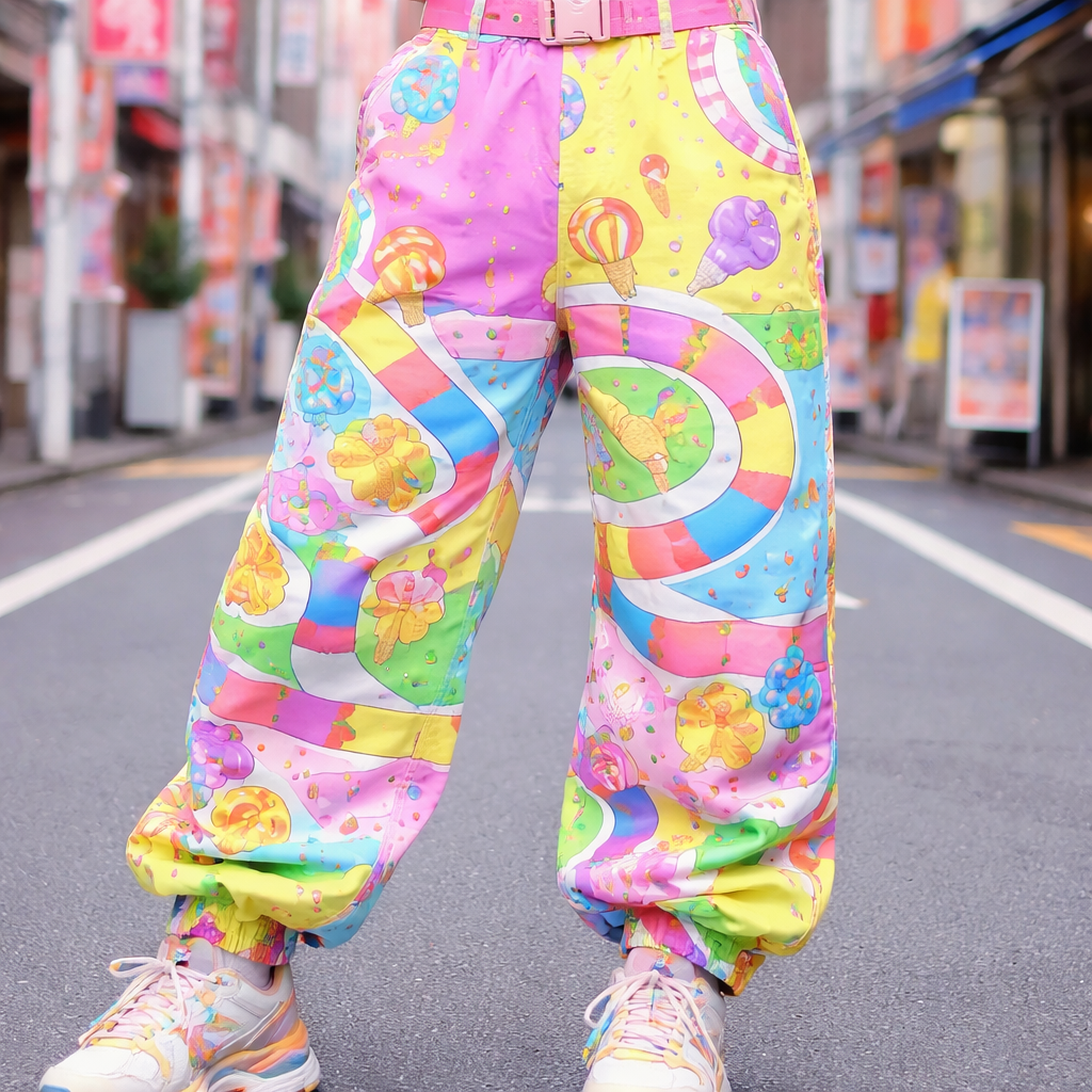 neon candy land board game themed ski pants
Japanese Street fashion design: Baggy ski pants, neon colors, cotton, with a playful candy land board game pattern. Fitted at the ankles, high waist.