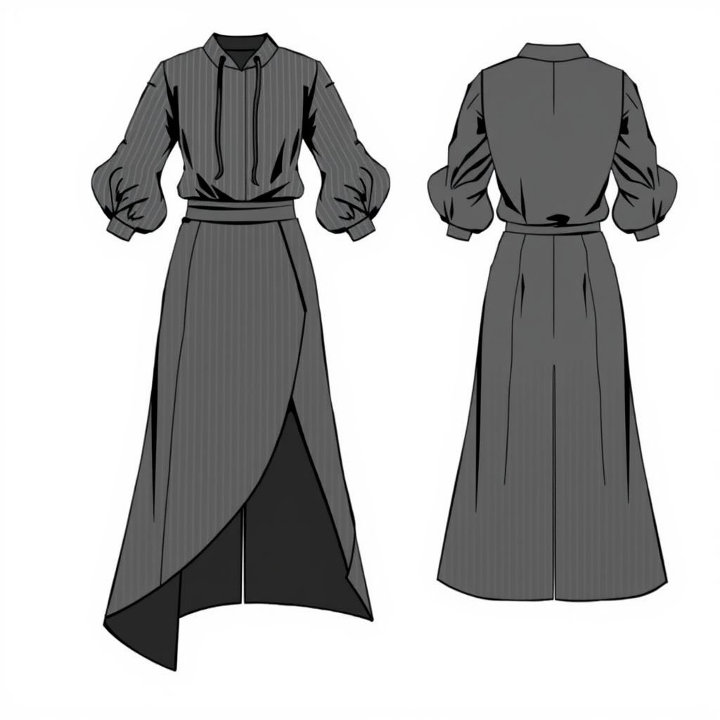 Fancy, Different cut, Long Skirt set. Top and Bottom with drawstrings
Design an elegant business attire set featuring a long skirt with an asymmetrical cut, tailored from high-quality fabric. The top embraces sophistication with structured sleeves, accented by chic drawstrings for a customizable fit. Incorporate subtle pinstripes or a muted color palette for professionalism while ensuring a contemporary, bold statement.