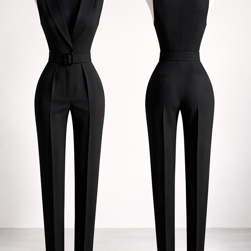 Structured black jumpsuit sleeveless with blazer without collar
Structured black jumpsuit sleeveless with blazer without collar, business style, show front and back