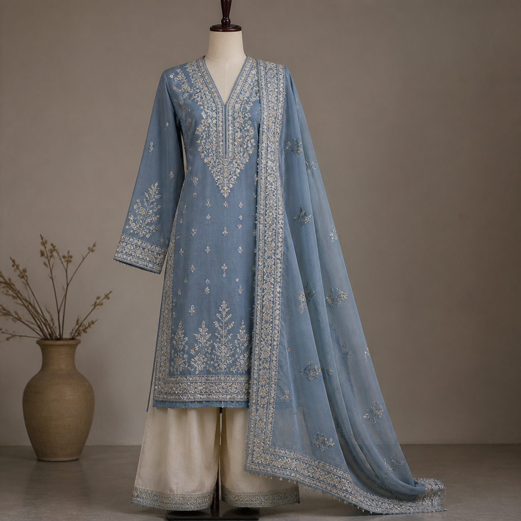 A Female Dress design. blue kameez Withe shalwar withe dwpata. Pakistan fashion aesthetics.
photorealistic fashion design, A Female Dress design. blue kameez Withe shalwar withe dwpata. Pakistan fashion aesthetics., just the design no text