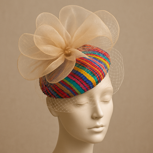 Create a one of a kind fascinator wedding hats, using colorful aso oke and a beige dazzling organza fabric, with a light net that will look unique, graceful, And attractive.