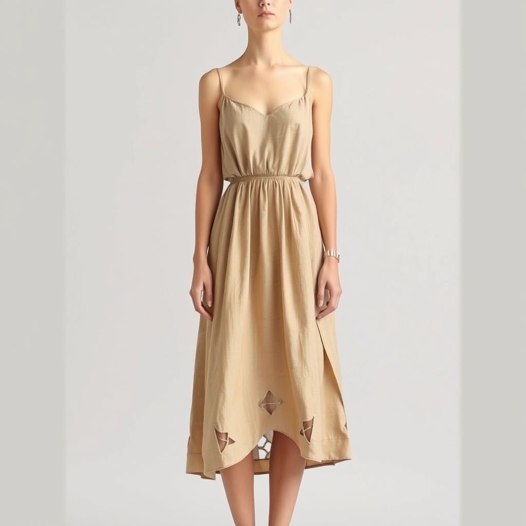 A short fansy dress for summer
Design a whimsical yet elegantly understated short summer dress embodying quiet luxury. Utilize soft linen in muted earth tones, featuring delicate pleats and subtle draping. Accentuate with minimalist geometric cutouts at the hem, and pair with refined, understated accessories. The overall aesthetic should exude effortless sophistication and timeless charm.