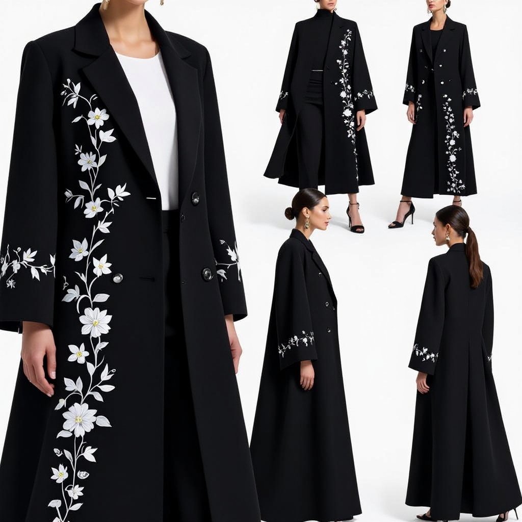 Abaya Blazer Design – Embroidered Black Edition • Outer Fabric: • Crepe Marocain or Wool-Silk Blend Crepe in luxurious black. • Matte, refined, and structured fabric that highlights the cut and embroidery with precision. • Inner Lining: • Bemberg Rayon or Silk Satin in black or dark grey for comfort and a smooth finish. • Key Details: • Straight A-Line cut tailored to ankle length, balancing formality and elegance. • Classic blazer lapel with clean, sharp lines. • Double-breasted closure with fabric-covered buttons to maintain a sleek, formal aesthetic. • Embroidery: • Floral and leafy embroidery in off-white or soft silver, creating a refined contrast against the black fabric. • Placement: Starting from the shoulder and running vertically down one side of the chest, extending seamlessly to the hemline. • Effect: Adds depth and a feminine touch, elevating the abaya from a formal piece to a luxurious statement design. • Back Design: • The back remains plain and minimal, with a small center slit at the hem to reinforce the blazer silhouette and ease movement. ⸻ ✨ Result: A black abaya blazer crafted from luxurious crepe, enhanced with elegant side embroidery. A design that fuses strength, formality, and subtle luxury — perfect for evening occasions and high-profile gatherings.
Formal fashion: Black abaya blazer of crepe. It has a tailored A-line cut to the ankle, with a classic blazer lapel. Double-breasted, with covered buttons. White embroidery of flowers and leaves cascades down one side. Plain back with a small slit.