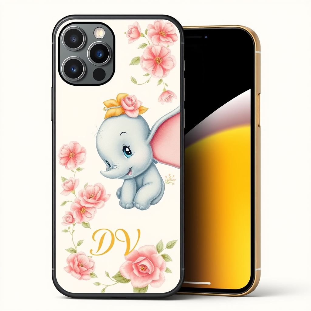 iPhone 13 Pro Max phone case with “DV ” on it. Put baby dumbo on it
Design a classic fashion phone case for the iPhone 13 Pro Max, featuring a vintage-inspired portrayal of Baby Dumbo gracefully adorned with pastel florals. The case should elegantly display “DV” in an exquisite, cursive font, complemented by gold accents, embodying timeless sophistication and nostalgic charm reminiscent of vintage couture.