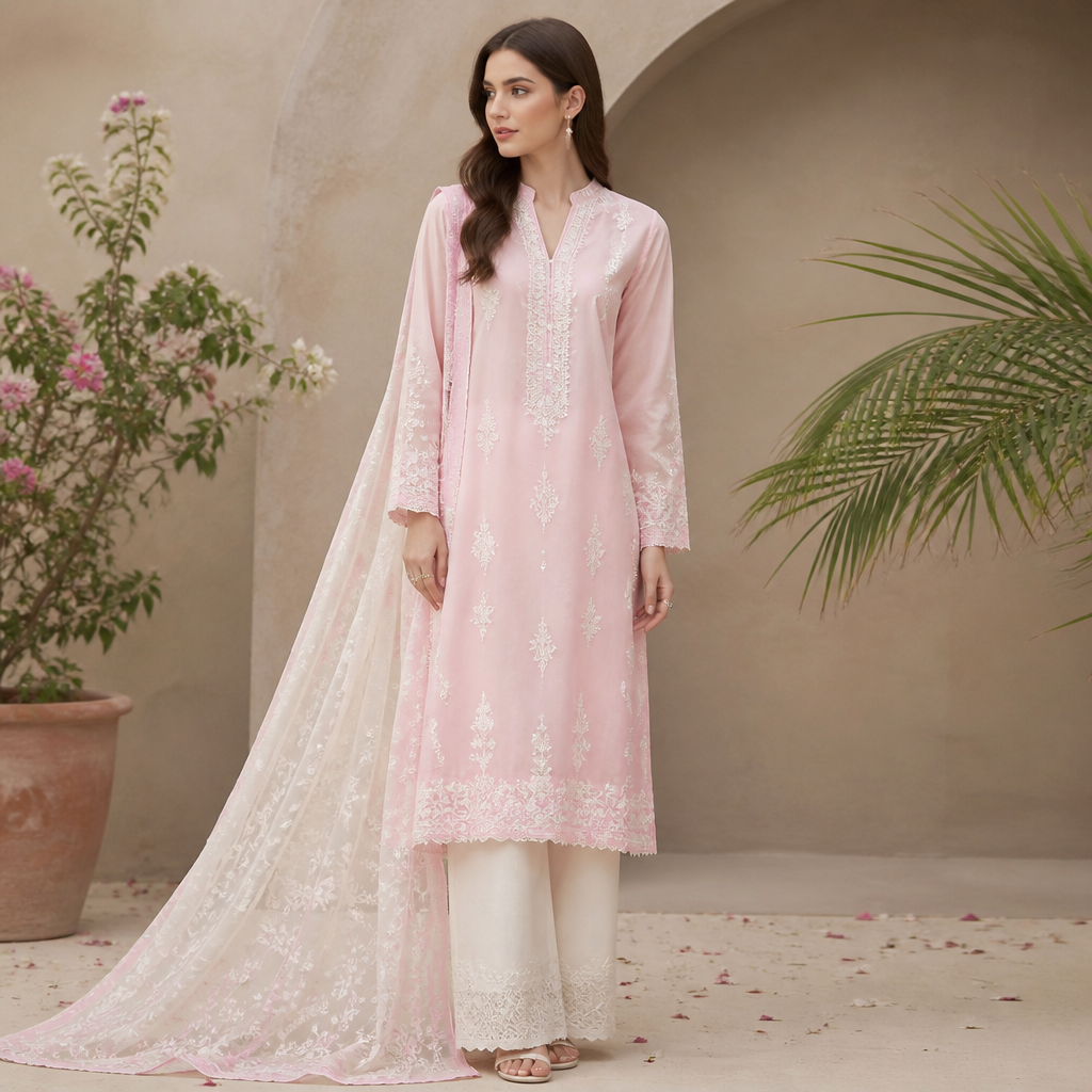 A Female Dress design, suitable for Summer. style glamorous
fabric loan
occasion casual season summer color baby pink and off-white
fit kurta set with embroidery light
body slim
skin tone fair
fabric feel flowy light and asthetic Present it as professional fashion catalogue photography: the garment is the subject, shown full-length with editorial styling, neutral posing and tasteful, non-suggestive framing.
photorealistic fashion design, A Female Dress design, suitable for Summer. style glamorous
fabric loan
occasion casual season summer color baby pink and off-white
fit kurta set with embroidery light
body slim
skin tone fair
fabric feel flowy light and asthetic Present it as professional fashion catalogue photography: the garment is the subject, shown full-length with editorial styling, neutral posing and tasteful, non-suggestive framing., just the design no text