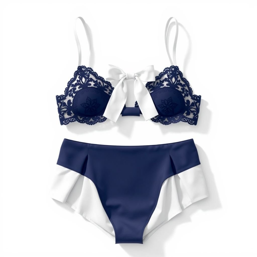 Bikini top and bottom style Ralph Lauren
Design a chic bikini set inspired by Ralph Lauren, featuring a classic, sophisticated cut. The top boasts delicate lace overlays and a refined bow detail, while the bottoms showcase high-waisted elegance with subtle pleats. Use a palette of navy blue and crisp white, embodying timeless glamour, perfect for luxurious seaside lounging.