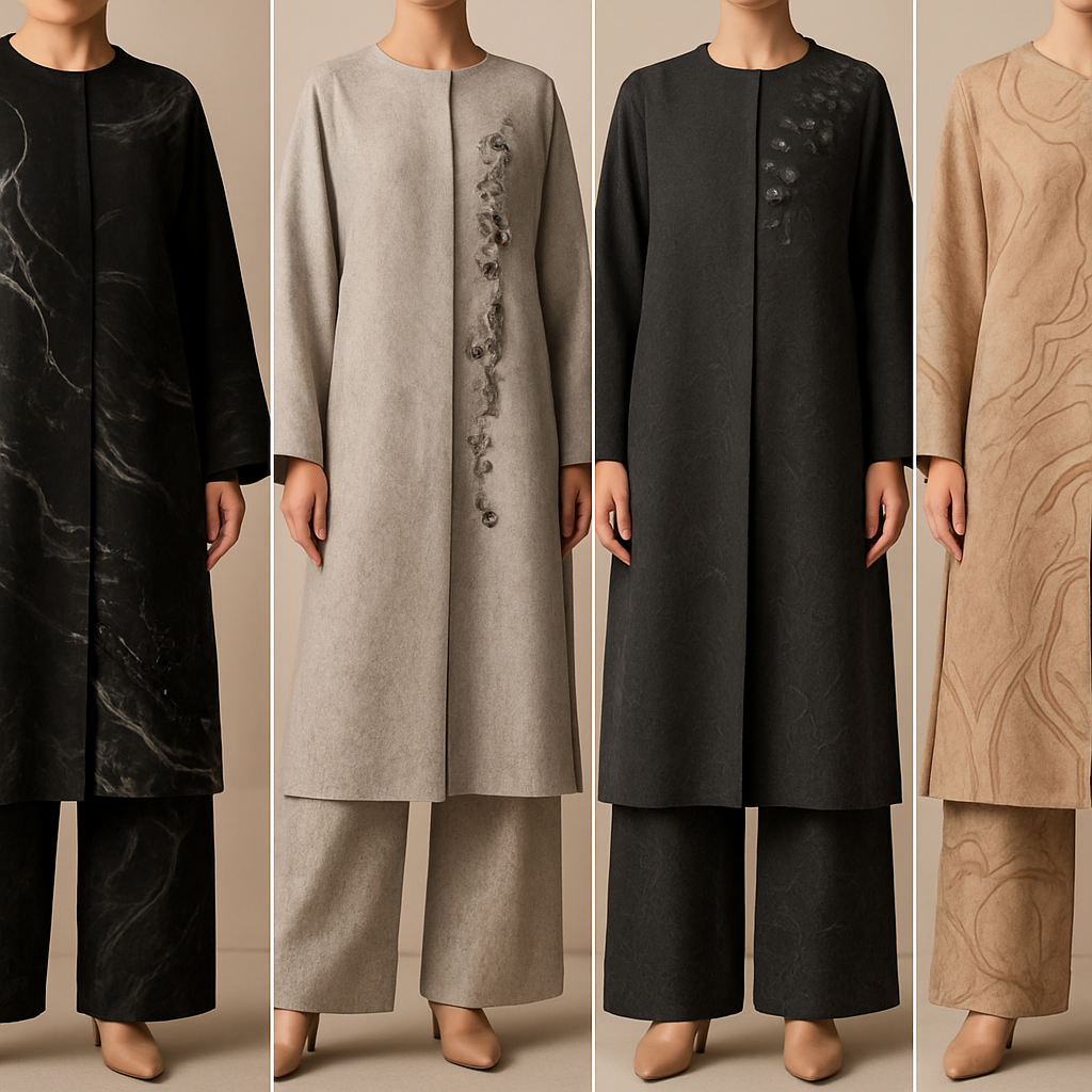 Create a modest abaya and loose pant, first of its kind, featuring a unique stone design that exudes a classy and sophisticated vibe. I'd like four designs, each showcasing different styles and fabrics. Incorporate high-end, unique chic stone designs to make them truly special. Add little sophisticated stone designs. Make it irresistible with designs that stands out.
Create a modest abaya and loose pant, first of its kind, featuring a unique stone design that exudes a classy and sophisticated vibe. I'd like four designs, each showcasing different styles and fabrics. Incorporate high-end, unique chic stone designs to make them truly special. Add little sophisticated stone designs. Make it irresistible with designs that stands out.