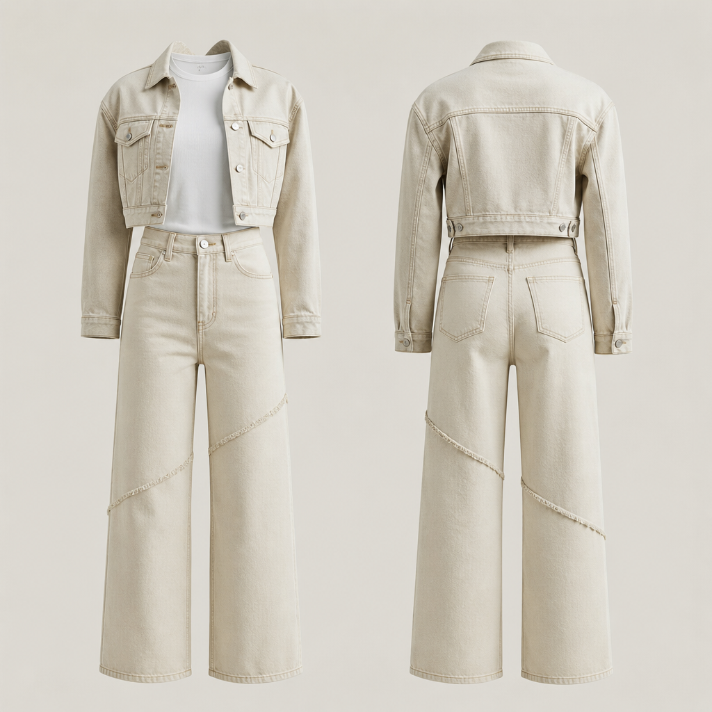 An off-white denim with a little cropped jacket white T shirt and denim pants. Nigeria fashion aesthetics.
photorealistic fashion design, An off-white denim with a little cropped jacket white T shirt and denim pants. Nigeria fashion aesthetics., just the design no text