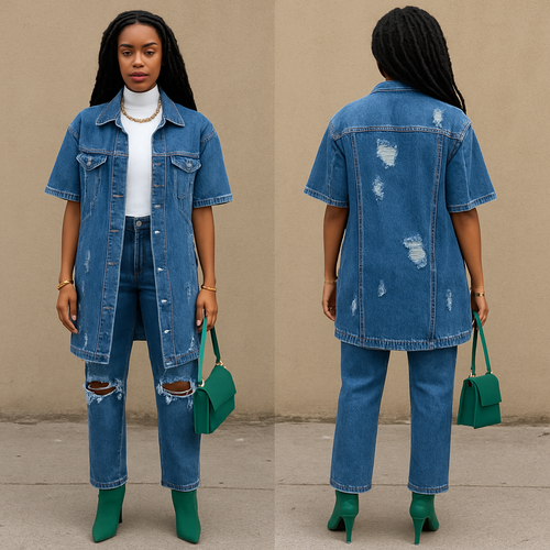 White turtle neck short sleeves long blue jean ripped jacket blue jean pants green heel boots gold necklace rings and bracelets faux locs green purse 