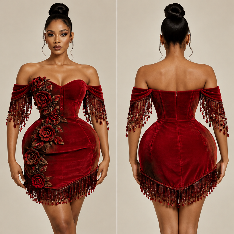 It is an off the shoulder bustier gown the beaded fringes alone should be at the sleeve it shouldn’t be plain pipe beads but have droplet bead at the tip
edit the attached fashion design with these instructions: It is an off the shoulder bustier gown the beaded fringes alone should be at the sleeve it shouldn’t be plain pipe beads but have droplet bead at the tip. keep it photorealistic, just the design no text