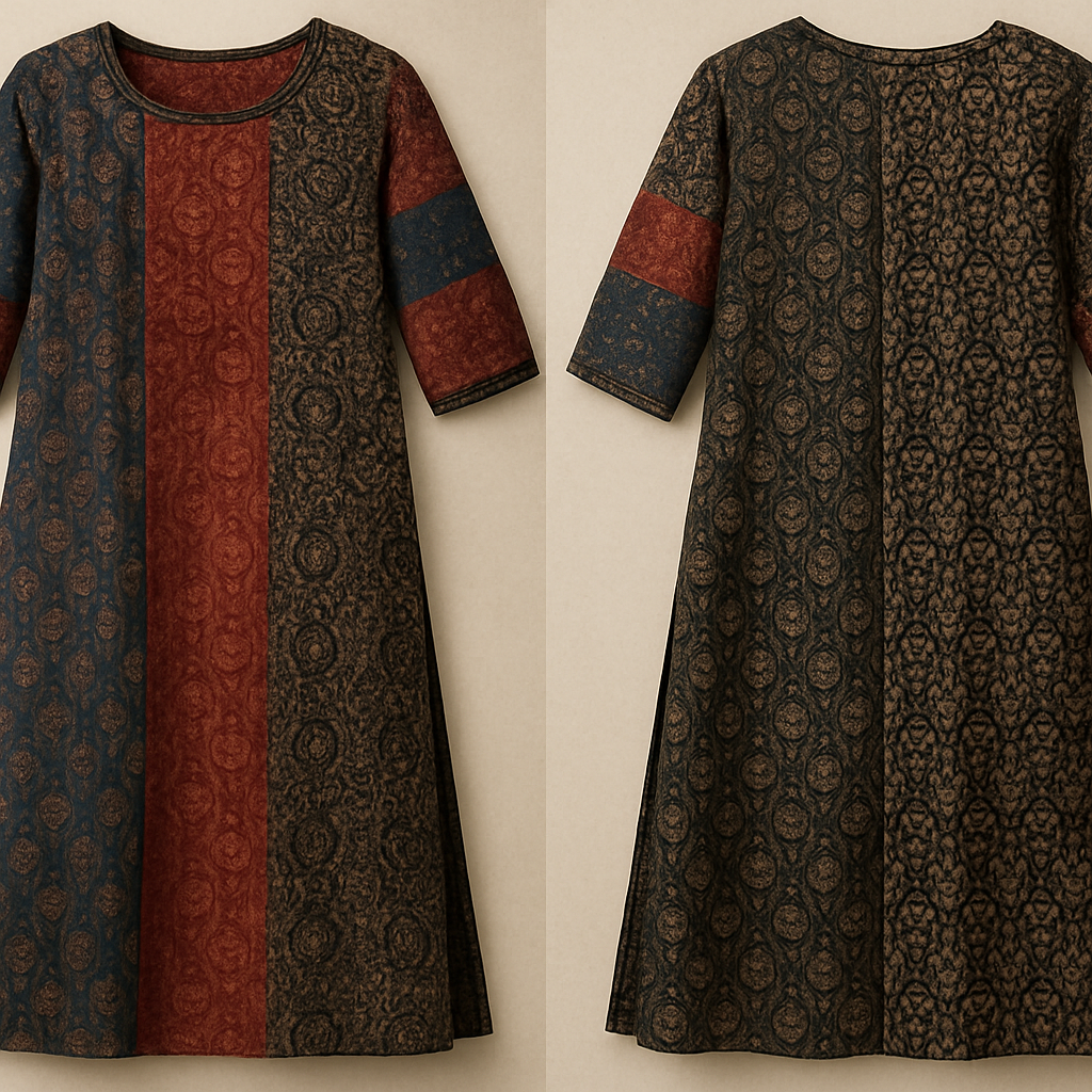A straight cut silted indian ethnic Kurthi with three panels on the front as well as on the back, fabrics used are Ajrkh hand block printed cotton fabric. The centre panel shall be ajrakh printed red base fabric, left panel indigo blue-red combination ajrakh printed fabric and the right panel shall ba black base ajrakh printed fabric. The slits on both sides shall start 21 inches below the shoulder of the Kurthi, the 3/4th sleeve with 17 inches length shall be made with patches of indigo blue-red combination, red base and black base fabrics. Sleeve shall be made with Three horizontal patches. Kurtha across shoulder measurement 14 inches, chest 32 inches, waist 28 inches and hip 36 inches, length of the Kurthi shall be 45 inches from shoulder
A straight cut silted indian ethnic Kurthi with three panels on the front as well as on the back, fabrics used are Ajrkh hand block printed cotton fabric. The centre panel shall be ajrakh printed red base fabric, left panel indigo blue-red combination ajrakh printed fabric and the right panel shall ba black base ajrakh printed fabric. The slits on both sides shall start 21 inches below the shoulder of the Kurthi, the 3/4th sleeve with 17 inches length shall be made with patches of indigo blue-red combination, red base and black base fabrics. Sleeve shall be made with Three horizontal patches. Kurtha across shoulder measurement 14 inches, chest 32 inches, waist 28 inches and hip 36 inches, length of the Kurthi shall be 45 inches from shoulder
, show front and back