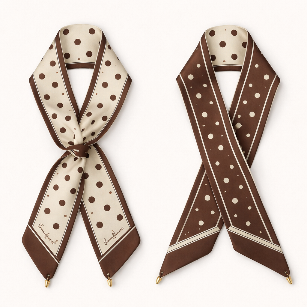 Design a silk scarf thanks 5x 86cm to be wrapped on the handle of a purse.
No logos or any school relation but a collegiate feel. Create a signature look for my brand Jolie Franc. Keep it simple and tailored do polka dots
Ivory combination with brown
Design a silk scarf thanks 5x 86cm to be wrapped on the handle of a purse.
No logos or any school relation but a collegiate feel. Create a signature look for my brand Jolie Franc. Keep it simple and tailored do polka dots
Ivory combination with brown, classic style, show front and back