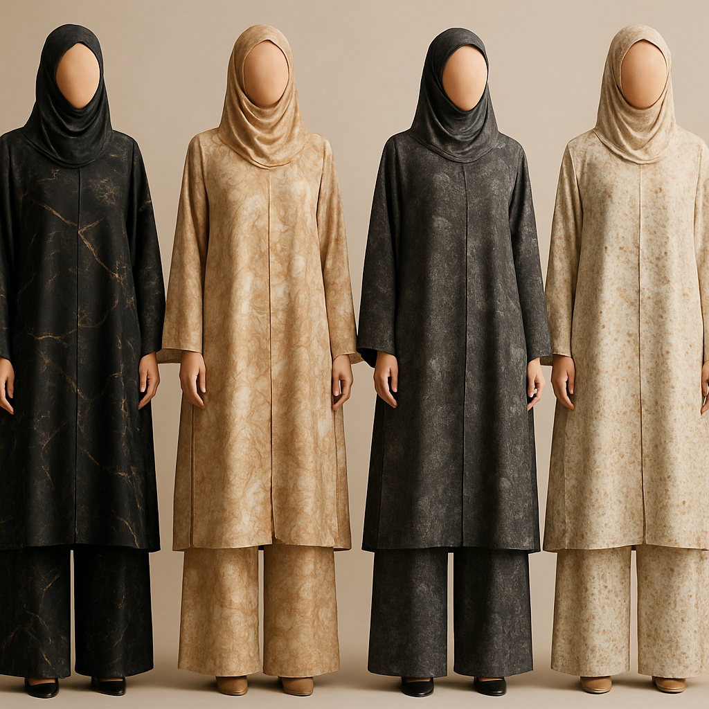 Create a modest abaya and loose pant, first of its kind, featuring a unique stone design that exudes a classy and sophisticated vibe. I'd like four designs, each showcasing different styles and fabrics. Incorporate high-end, unique chic stone designs to make them truly special. Add little sophisticated stone designs. Make it irresistible!
Create a modest abaya and loose pant, first of its kind, featuring a unique stone design that exudes a classy and sophisticated vibe. I'd like four designs, each showcasing different styles and fabrics. Incorporate high-end, unique chic stone designs to make them truly special. Add little sophisticated stone designs. Make it irresistible!