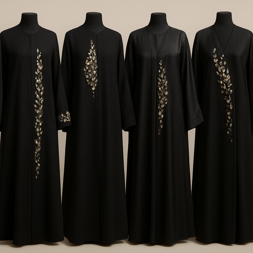 Create me modest abaya that's first in the world, using unique stone design, classy and sophisticated. Keep me 4 designs. Make them rich by adding unique chic stone high end designs and . Showcasing different styles and fabric.
Create me modest abaya that's first in the world, using unique stone design, classy and sophisticated. Keep me 4 designs. Make them rich by adding unique chic stone high end designs and . Showcasing different styles and fabric.