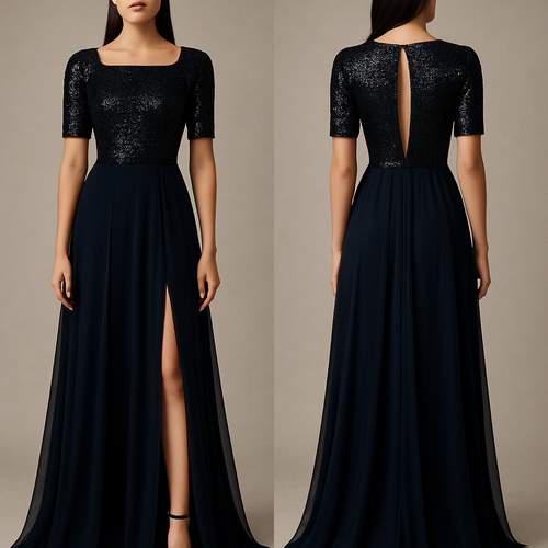 Se trata de un vestido largo de gala en color azul marino , de estilo elegante y moderno, con una combinación de tejidos brillantes y fluidos que crean un contraste sofisticado.
La parte superior del vestido está confeccionada en tela de lentejuelas negras, que aportan brillo y textura. El corte del cuerpo es ajustado, entallado a la silueta, con escote recto y líneas limpias que realzan la figura.
A este diseño se le deben añadir mangas confeccionadas con la misma tela de lentejuelas. Las mangas deben llegar hasta la mitad del brazo, con un ajuste cómodo y elegante, siguiendo la forma natural del brazo sin aportar volumen extra.
En la espalda, el diseño incluirá una apertura central (una hendidura vertical) que comience en la parte superior y llegue hasta media espalda. Esta abertura debe ser discreta pero visible, aportando un toque sensual y moderno al conjunto. Se puede cerrar en la parte superior con un pequeño broche o botón oculto para mantener el acabado fino.
La falda conserva el diseño original: larga, de tela ligera de gasa o tul negro semitransparente, que cae desde la cintura con un movimiento fluido y elegante. Puede incluir una abertura lateral que deje entrever la pierna al caminar, añadiendo dinamismo al conjunto.
En conjunto, el vestido mantiene un equilibrio entre el brillo sofisticado de la parte superior y la ligereza etérea de la falda, ideal para eventos de noche o de gala.