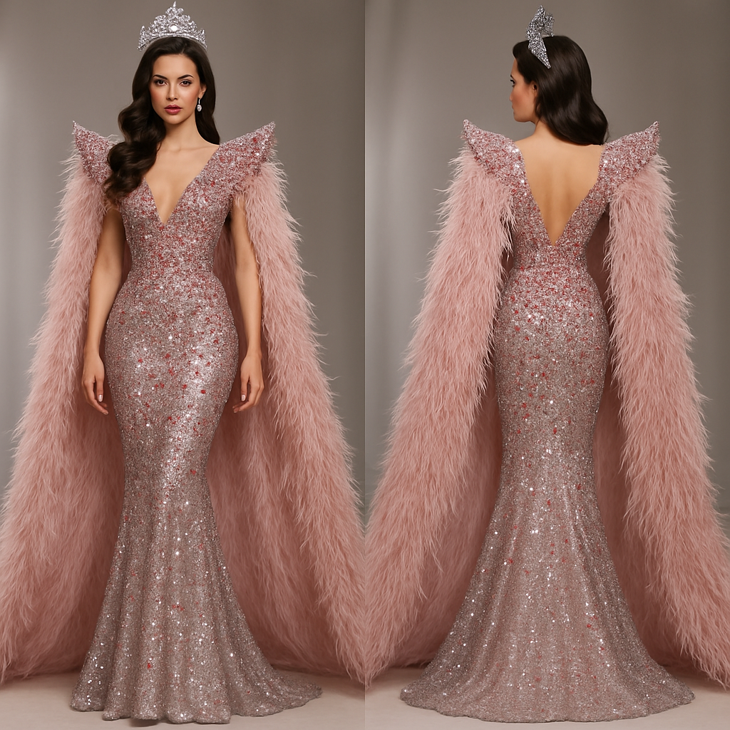 Design a glamorous tight mermaid evening gown for a beauty queen. The base fabric is silver with a transparent effect, covered in old rose pink gemstones and a few metallic gray stones to make the color pop. The gown should be fully fitted down to the ankles, with a shimmering silver tone underneath. Add structured pointed shoulders, inspired by haute couture designs, and a dramatic long feather cape in soft pink starting from the shoulders down to the floor. The overall look should feel luxurious, feminine, and perfect for an international pageant stage, under bright runway lights.”
Design a glamorous tight mermaid evening gown for a beauty queen. The base fabric is silver with a transparent effect, covered in old rose pink gemstones and a few metallic gray stones to make the color pop. The gown should be fully fitted down to the ankles, with a shimmering silver tone underneath. Add structured pointed shoulders, inspired by haute couture designs, and a dramatic long feather cape in soft pink starting from the shoulders down to the floor. The overall look should feel luxurious, feminine, and perfect for an international pageant stage, under bright runway lights.”, show front and back