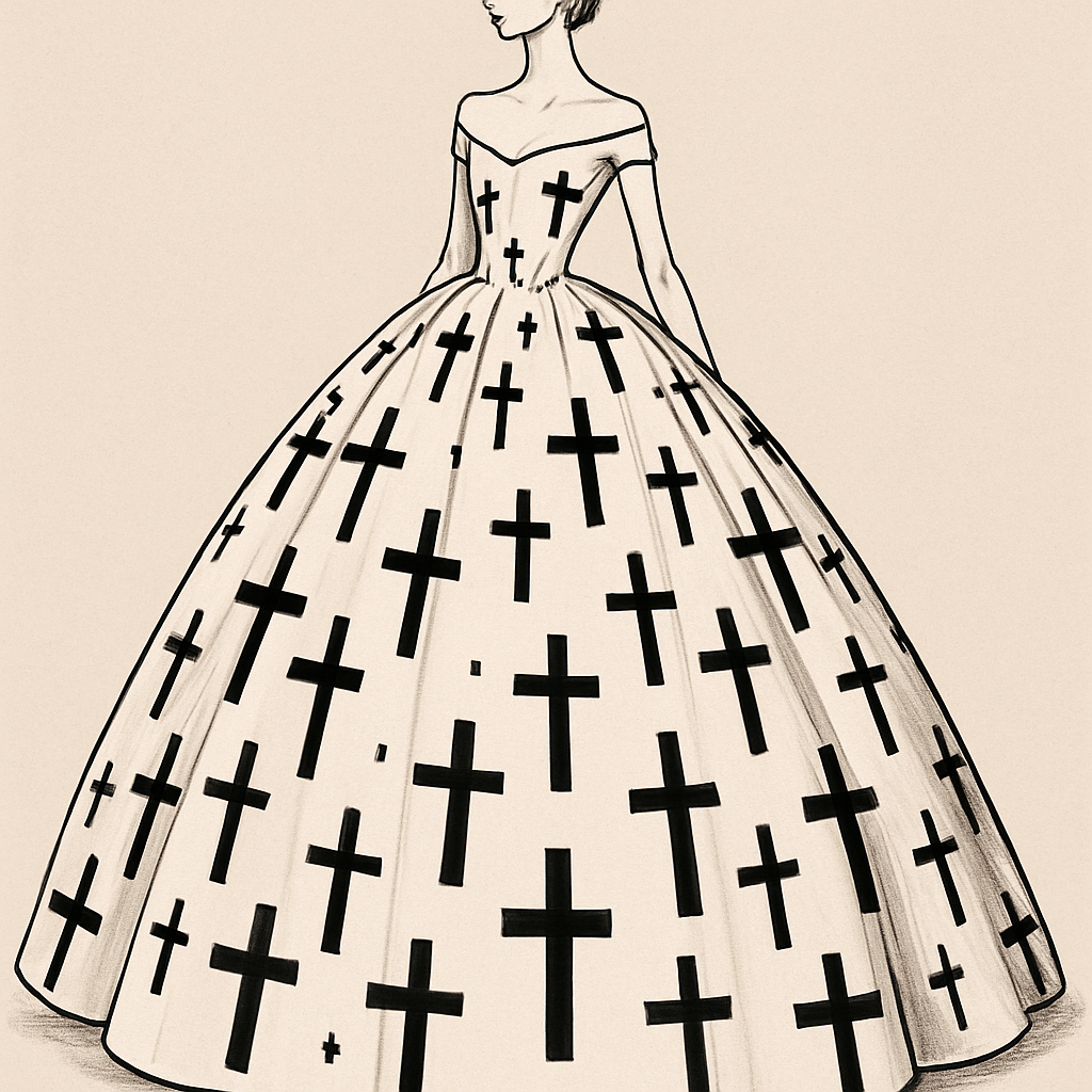 A ball gown with crosses on surface of dress with different size
A ball gown with crosses on surface of dress with different size