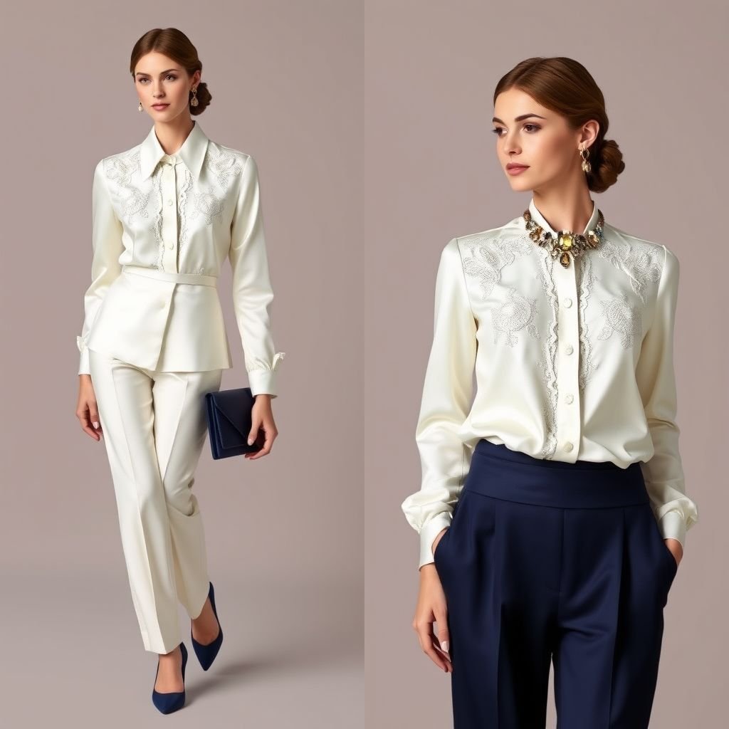 top and bottom style Ralph Lauren
Design an elegant ensemble inspired by Ralph Lauren, featuring a tailored ivory satin blouse with intricate lace detailing, paired with high-waisted navy silk trousers that gracefully pool at the ankles. Accentuate the look with a statement gemstone brooch and classic stiletto heels, embodying timeless sophistication and refined glamour.
