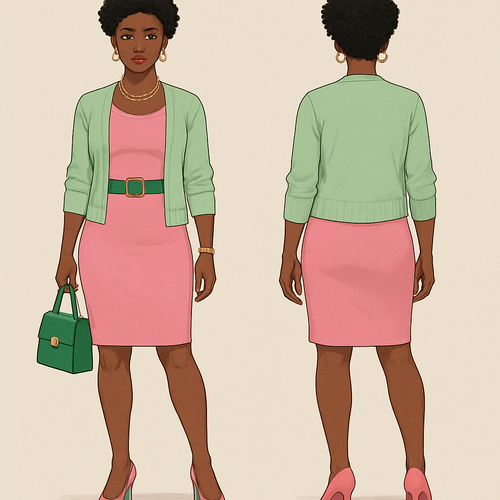 Black woman 
Short curls 
Gold jewelry
 green belt 
Pink dress fitted light green cardigan 
Pink heels White
Green purse 


