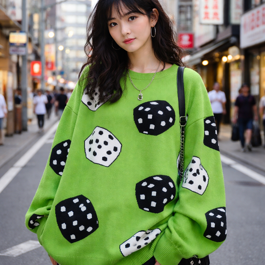 a bright green chunky sweater with big black and white dice all over
Japanese Street fashion design: An oversized, bright green cotton sweater with a loose fit, featuring large black and white dice patterns.