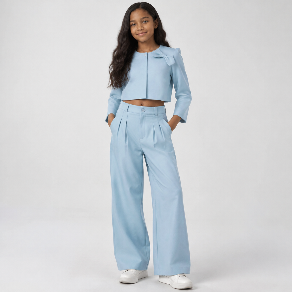 A Female fashion design, in Casual style. "A fashion design illustration of a young girl, age 10-12, height 152 cm, weight 52 kg, slightly tummy, dark skin tone. She is wearing a two-piece outfit: a light blue simple crop jacket with a round collar and a small bow on the shoulder, and matching light blue loose pants. The jacket is plain solid color, no patterns. Modest and elegant style. Full-body fashion illustration, front view, professional fashion catalogue photography."age10. IR fashion aesthetics. Present it as professional fashion catalogue photography: the garment is the subject, shown full-length with editorial styling, neutral posing and tasteful, non-suggestive framing.
photorealistic fashion design, A Female fashion design, in Casual style. "A fashion design illustration of a young girl, age 10-12, height 152 cm, weight 52 kg, slightly tummy, dark skin tone. She is wearing a two-piece outfit: a light blue simple crop jacket with a round collar and a small bow on the shoulder, and matching light blue loose pants. The jacket is plain solid color, no patterns. Modest and elegant style. Full-body fashion illustration, front view, professional fashion catalogue photography."age10. IR fashion aesthetics. Present it as professional fashion catalogue photography: the garment is the subject, shown full-length with editorial styling, neutral posing and tasteful, non-suggestive framing., casual style, just the design no text