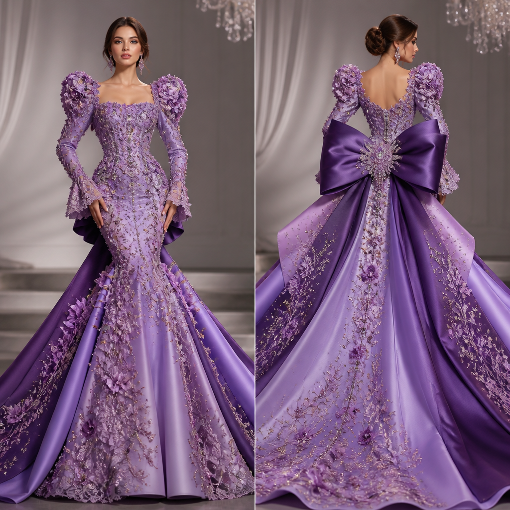 A Dress design, for Formal, in Glamorous style, shown on a model with fair skin and a slim figure. vestido de gala majestuoso, elegante, femenino y digno de una reina, inspirado en la paleta de colores enviada: violeta profundo, púrpura, violeta medio, lila y lavanda muy suave, combinados de manera armoniosa.
El vestido debe ser completamente opaco, sin transparencias, con una estructura de alta costura y mucho brillo. El corset tendrá un escote cuadrado, elegante y favorecedor, completamente trabajado con encaje, bordados florales en relieve, flores en 3D y abundante pedrería plateada y cristales, buscando que refleje muchísimo la luz.
Las mangas serán uno de los protagonistas del diseño. Quiero mangas elaboradas, románticas y sofisticadas, con volumen en los hombros, ligeramente abullonadas, decoradas con flores en 3D, encaje, bordados y cristales plateados. Que tengan diferentes tonalidades de violeta y lila, creando un pequeño degradé, y que terminen en puños elegantes y ligeramente amplios. Las mangas deben integrarse visualmente con el resto del vestido y darle un aire de alta costura.
La parte superior debe continuar con una silueta entallada, resaltando la estructura del vestido, mientras que la falda permanecerá pegada hasta justo antes de la rodilla. A partir de allí quiero una transición dramática hacia una falda mucho más pomposa, amplia y voluminosa, formada por múltiples capas y paneles de satén en diferentes tonos de la paleta. La falda debe tener mucho movimiento y presencia al caminar, con una larga cola que se extienda elegantemente por detrás.
Los bordados florales y el encaje continuarán desde el corset hacia la falda, formando ramas y composiciones florales que se distribuyan de manera estratégica. Quiero combinar flores en diferentes tonos de violeta y detalles en plateado brillante, cristales y pequeñas piedras para conseguir un efecto de vestido completamente iluminado.
En la espalda quiero el elemento más impactante del diseño: un moño enorme, tipo XXL, realizado en satén púrpura, con muchísimo volumen y estructura. En el centro llevará una gran aplicación de pedrería plateada y flores, y sus caídas se integrarán con la falda y la cola.
El resultado final debe transmitir realeza, romanticismo, elegancia y lujo, con muchísimo brillo y detalles artesanales, pero manteniendo una apariencia sofisticada y armoniosa. Un vestido que tenga presencia de “Miss”, que sea espectacular tanto de frente como de espaldas y que destaque especialmente por sus flores, mangas trabajadas, pedrería, falda pomposa y enorme moño. Present it as professional fashion catalogue photography: the garment is the subject, shown full-length with editorial styling, neutral posing and tasteful, non-suggestive framing.
photorealistic fashion design, A Dress design, for Formal, in Glamorous style, shown on a model with fair skin and a slim figure. vestido de gala majestuoso, elegante, femenino y digno de una reina, inspirado en la paleta de colores enviada: violeta profundo, púrpura, violeta medio, lila y lavanda muy suave, combinados de manera armoniosa.
El vestido debe ser completamente opaco, sin transparencias, con una estructura de alta costura y mucho brillo. El corset tendrá un escote cuadrado, elegante y favorecedor, completamente trabajado con encaje, bordados florales en relieve, flores en 3D y abundante pedrería plateada y cristales, buscando que refleje muchísimo la luz.
Las mangas serán uno de los protagonistas del diseño. Quiero mangas elaboradas, románticas y sofisticadas, con volumen en los hombros, ligeramente abullonadas, decoradas con flores en 3D, encaje, bordados y cristales plateados. Que tengan diferentes tonalidades de violeta y lila, creando un pequeño degradé, y que terminen en puños elegantes y ligeramente amplios. Las mangas deben integrarse visualmente con el resto del vestido y darle un aire de alta costura.
La parte superior debe continuar con una silueta entallada, resaltando la estructura del vestido, mientras que la falda permanecerá pegada hasta justo antes de la rodilla. A partir de allí quiero una transición dramática hacia una falda mucho más pomposa, amplia y voluminosa, formada por múltiples capas y paneles de satén en diferentes tonos de la paleta. La falda debe tener mucho movimiento y presencia al caminar, con una larga cola que se extienda elegantemente por detrás.
Los bordados florales y el encaje continuarán desde el corset hacia la falda, formando ramas y composiciones florales que se distribuyan de manera estratégica. Quiero combinar flores en diferentes tonos de violeta y detalles en plateado brillante, cristales y pequeñas piedras para conseguir un efecto de vestido completamente iluminado.
En la espalda quiero el elemento más impactante del diseño: un moño enorme, tipo XXL, realizado en satén púrpura, con muchísimo volumen y estructura. En el centro llevará una gran aplicación de pedrería plateada y flores, y sus caídas se integrarán con la falda y la cola.
El resultado final debe transmitir realeza, romanticismo, elegancia y lujo, con muchísimo brillo y detalles artesanales, pero manteniendo una apariencia sofisticada y armoniosa. Un vestido que tenga presencia de “Miss”, que sea espectacular tanto de frente como de espaldas y que destaque especialmente por sus flores, mangas trabajadas, pedrería, falda pomposa y enorme moño. Present it as professional fashion catalogue photography: the garment is the subject, shown full-length with editorial styling, neutral posing and tasteful, non-suggestive framing., glamorous style, just the design no text