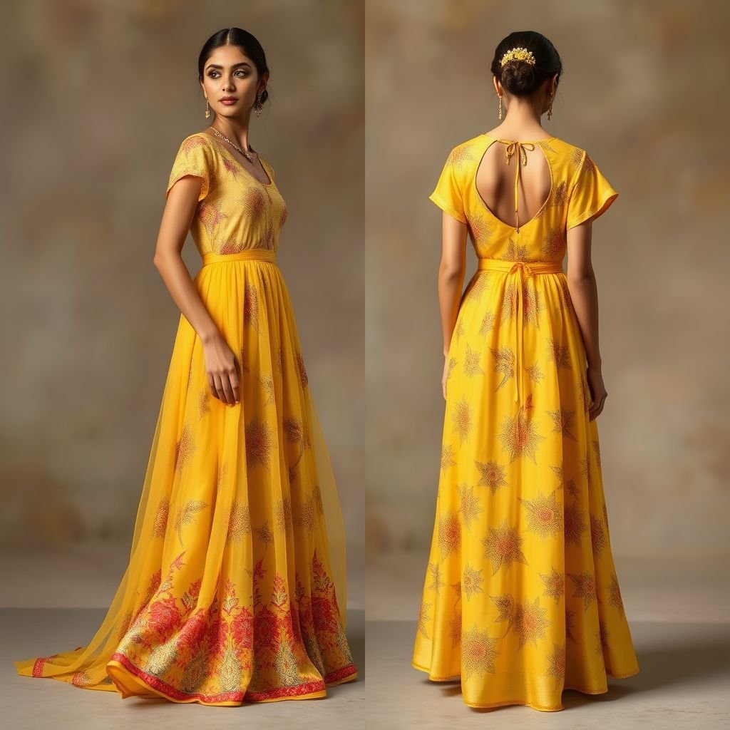 A honey bee & honey comb themed spring day dress.
Design a breezy spring day dress inspired by the intricate patterns of honeycombs and the vibrant charm of honey bees. Incorporate rich Indian textiles like chiffon and silk, adorned with traditional block prints. Enhance the look with vibrant yellows and golds, embellished with delicate embroidery mimicking floral motifs for a regal touch.