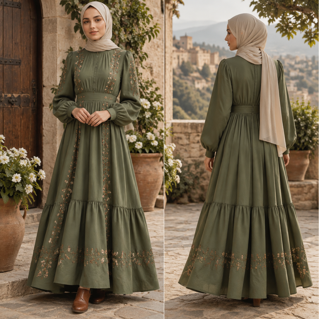 A Female Dress design, with modest, full coverage: longer hemlines, higher necklines and covered shoulders, suitable for Fall, in Cottagecore style. اريد فستان واسع بأكمام طويل بسيط وفخم. Algeria fashion aesthetics. Present it as professional fashion catalogue photography: the garment is the subject, shown full-length with editorial styling, neutral posing and tasteful, non-suggestive framing.
photorealistic fashion design, A Female Dress design, with modest, full coverage: longer hemlines, higher necklines and covered shoulders, suitable for Fall, in Cottagecore style. اريد فستان واسع بأكمام طويل بسيط وفخم. Algeria fashion aesthetics. Present it as professional fashion catalogue photography: the garment is the subject, shown full-length with editorial styling, neutral posing and tasteful, non-suggestive framing., cottagecore style, just the design no text