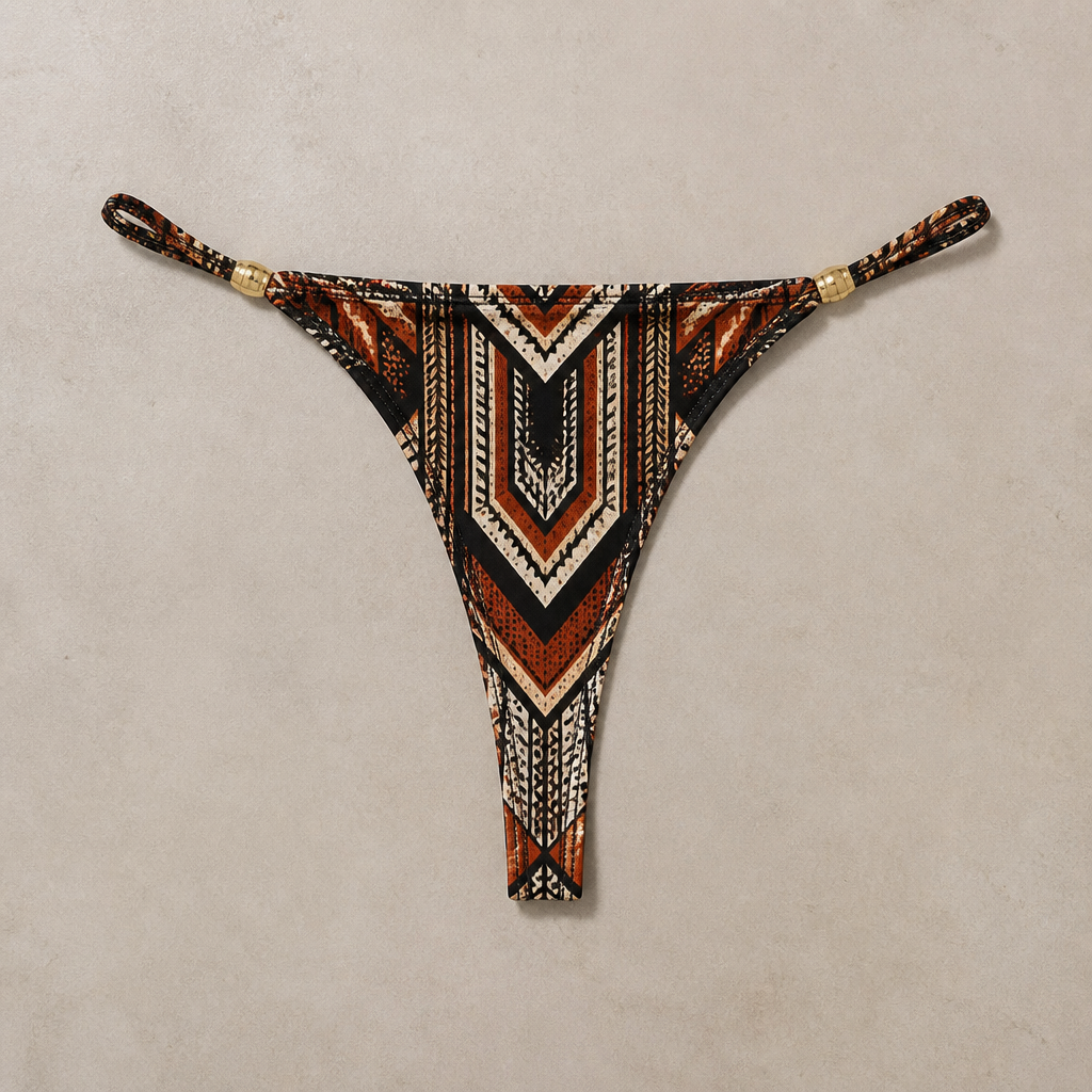 A Swimwear design. Create a g string thong one lind. South Africa fashion aesthetics. Present it as professional fashion catalogue photography: the garment is the subject, shown full-length with editorial styling, neutral posing and tasteful, non-suggestive framing.
photorealistic fashion design, A Swimwear design. Create a g string thong one lind. South Africa fashion aesthetics. Present it as professional fashion catalogue photography: the garment is the subject, shown full-length with editorial styling, neutral posing and tasteful, non-suggestive framing., just the design no text