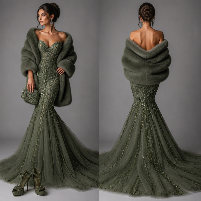 I make this dress in green with mink
Wrap and everything in the picture
edit the attached fashion design with these instructions: I make this dress in green with mink
Wrap and everything in the picture. keep it photorealistic, just the design no text
