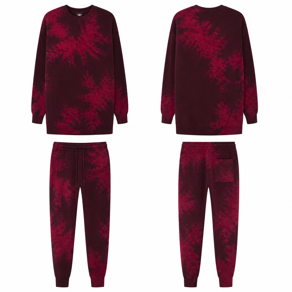 Joggers and long line crew neck sweater matching in cashmere - dark burgundy with brighter tie dye in knit
photorealistic fashion design, Joggers and long line crew neck sweater matching in cashmere - dark burgundy with brighter tie dye in knit, cashmere style, just the design no text, show front and back