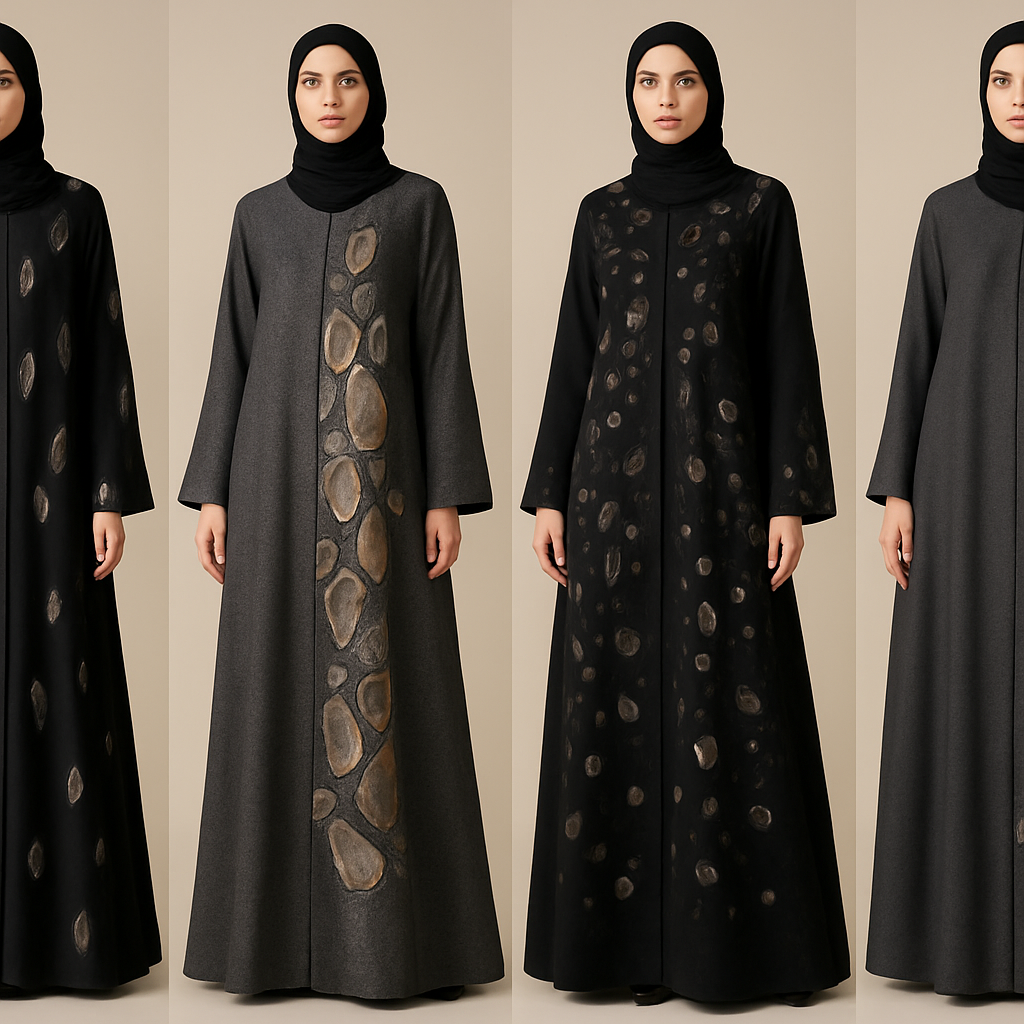 Create a modest elegant abaya dress , the first of its kind, featuring a unique stone design that exudes a classy and sophisticated vibe. I'd like four designs, each showcasing different styles and fabrics. Incorporate high-end, unique chic stone designs to make them truly special. Add little sophisticated stone designs. Make 4 options
Create a modest elegant abaya dress , the first of its kind, featuring a unique stone design that exudes a classy and sophisticated vibe. I'd like four designs, each showcasing different styles and fabrics. Incorporate high-end, unique chic stone designs to make them truly special. Add little sophisticated stone designs. Make 4 options