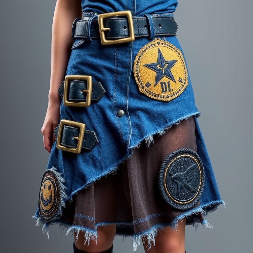 Create me a midi, blu layered skirt, with cut outs, with another layer under it..Put belt buckles on it. Put DV on it. Make it unique and different. Make sure the cut out parts have another layer under, so no skin is showing
Design a unique midi skirt in a layered blue grunge style, featuring edgy cut-outs lined with a contrasting sheer fabric underneath to maintain modesty. Adorn the skirt with bold, oversized belt buckles and patches showcasing rebellious symbols. Incorporate distressed textures and frayed edges, ensuring an authentic '90s grunge vibe.